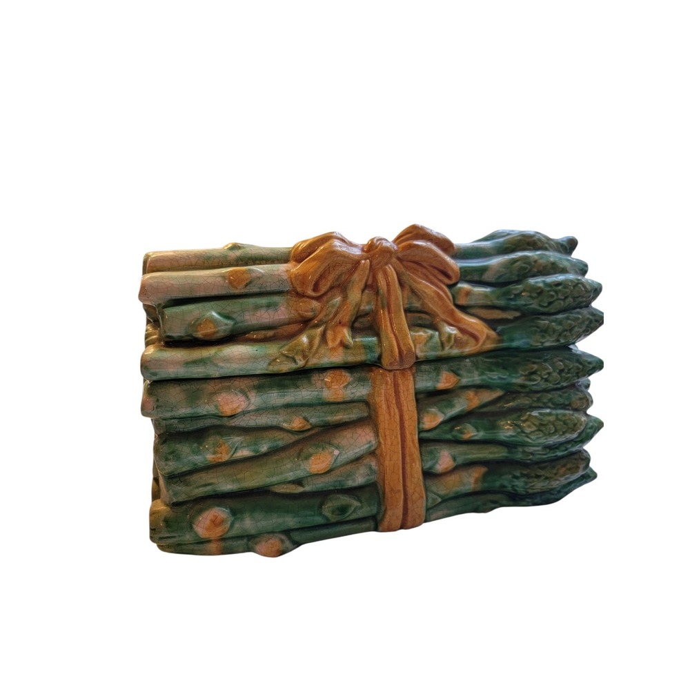 Vintage Majolica Asparagus Ceramic Covered Dish Lidded Serving Bowl Bow
